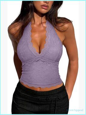 V-Neck Lace Halter Backless Tank Top Double Lined Stretch Fit